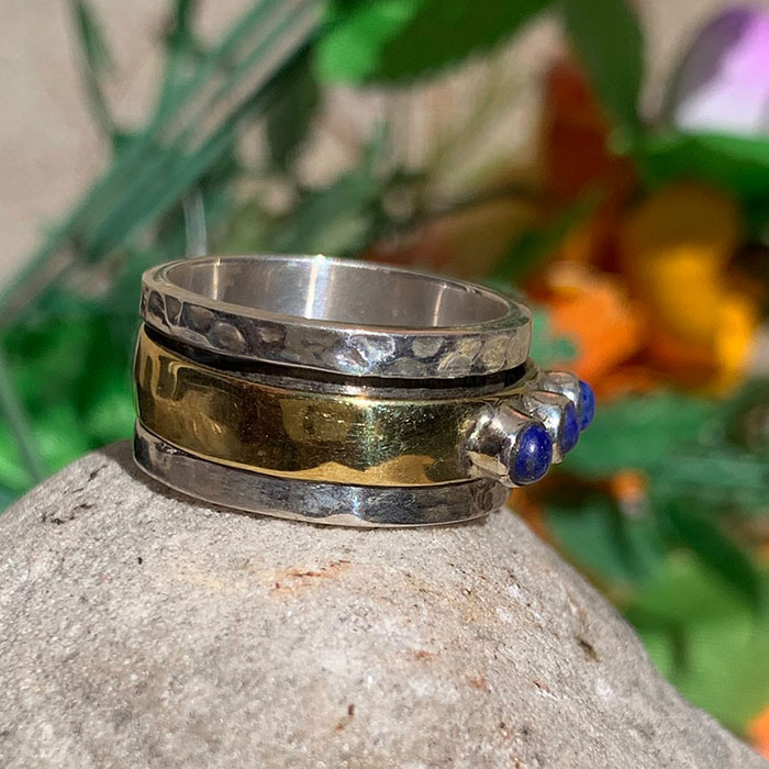 Natural Lapis Lazuli Tow Tone Ring In Sterling Silver SSR165_1