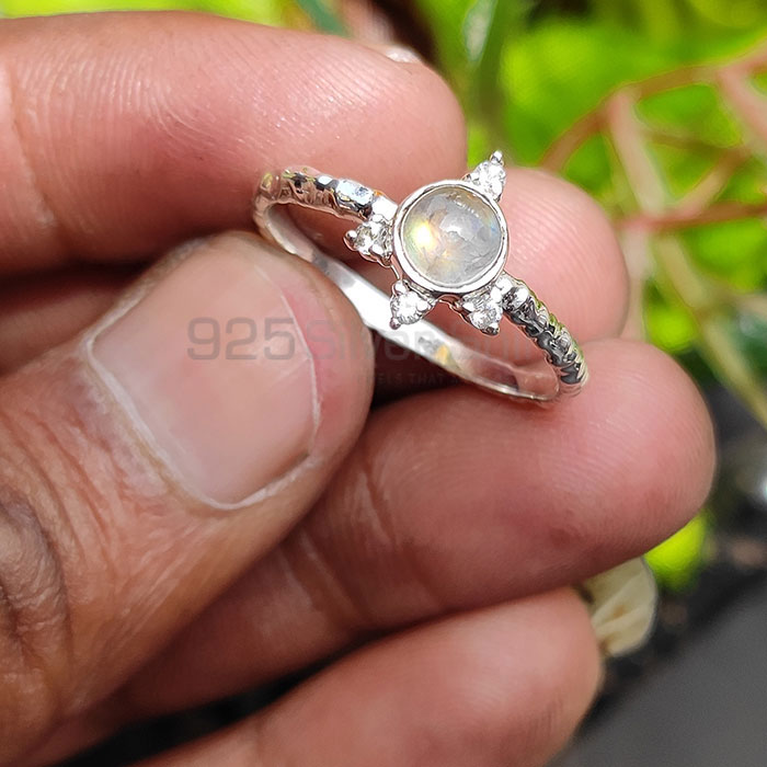 Natural Rainbow Moonstone And CZ Handmade Ring In Sterling Silver SSR50_1
