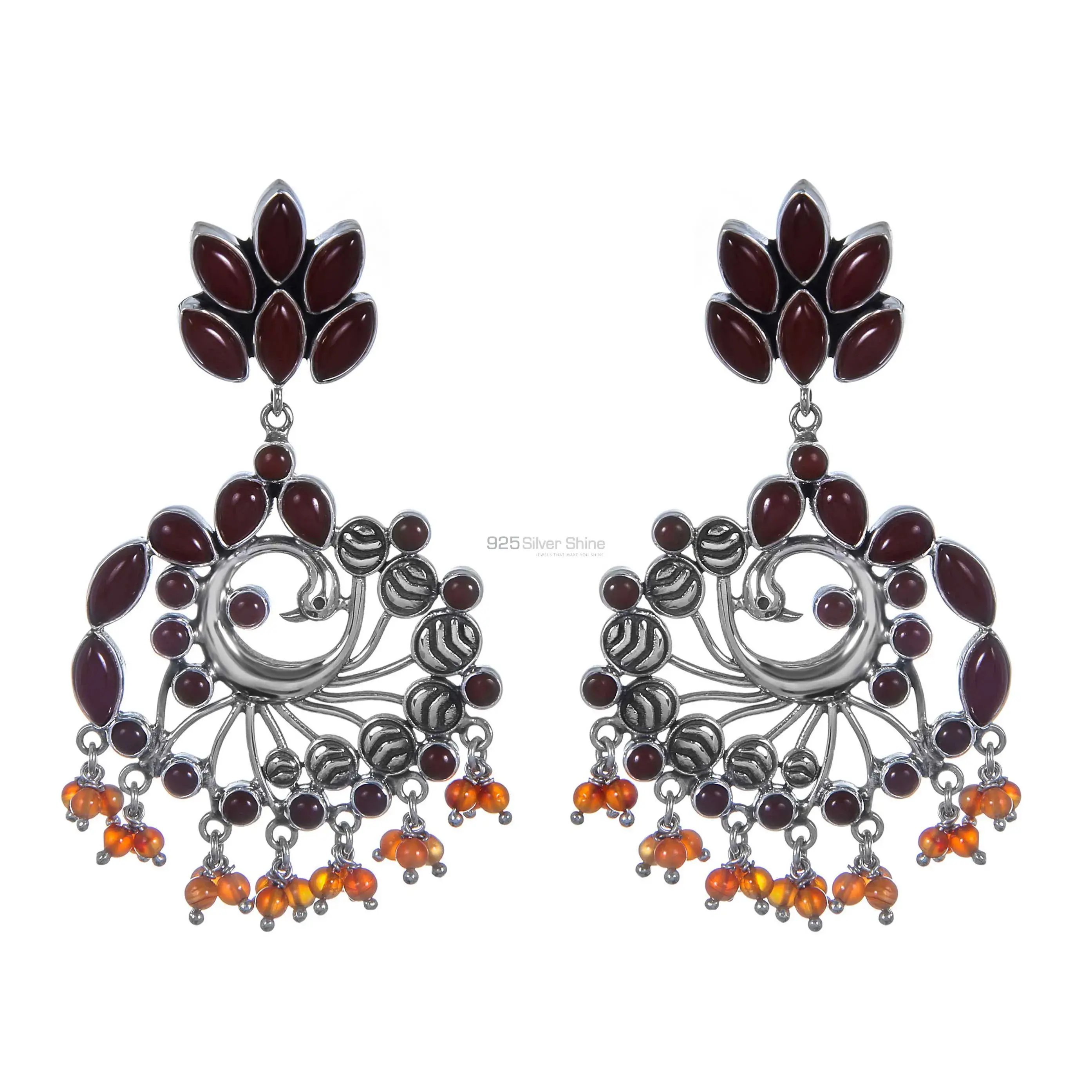 Peacock Design 925 Sterling Silver Earrings In Semi Precious Carnelian Gemstone 925SE300