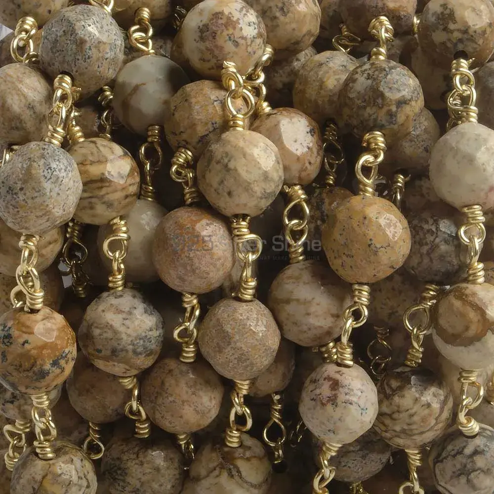 Picture Jasper Faceted Round Rosary Chain. "Wire Wrapped 1 Feet Roll Chain" 925RC169