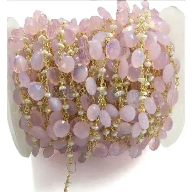 Rose Quartz Pearl Gemstone Rosary Chain. "Wire Wrapped 1 Feet Roll Chain" 925RC217