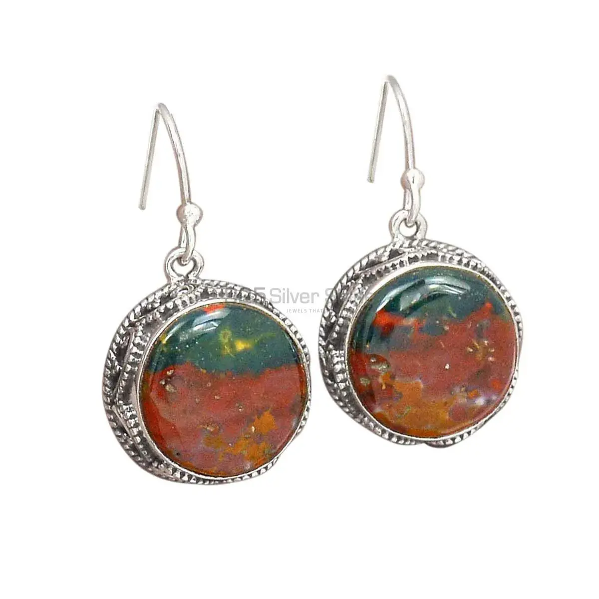 Semi Precious Blood Stone Gemstone Earrings In Fine 925 Sterling Silver 925SE2729