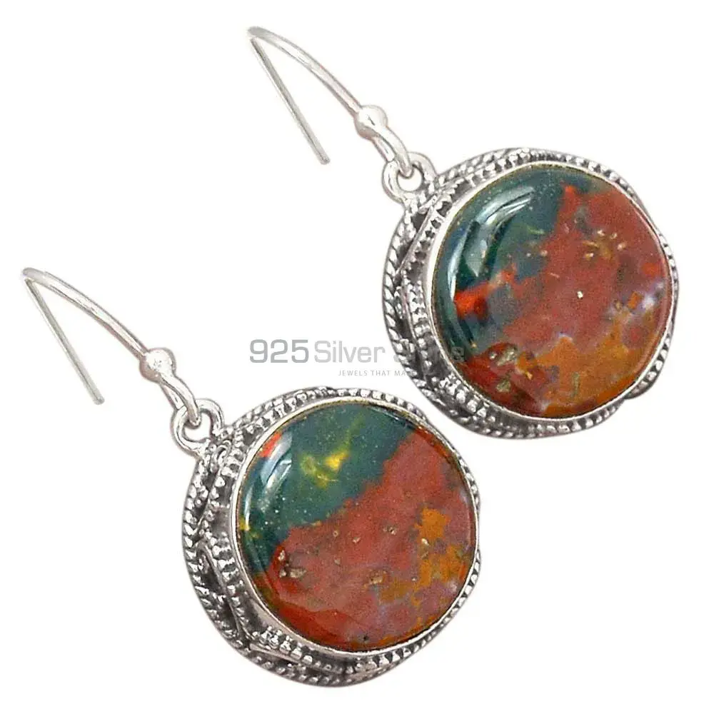 Semi Precious Blood Stone Gemstone Earrings In Fine 925 Sterling Silver 925SE2729_1