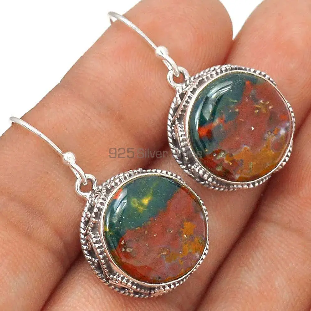 Semi Precious Blood Stone Gemstone Earrings In Fine 925 Sterling Silver 925SE2729_1