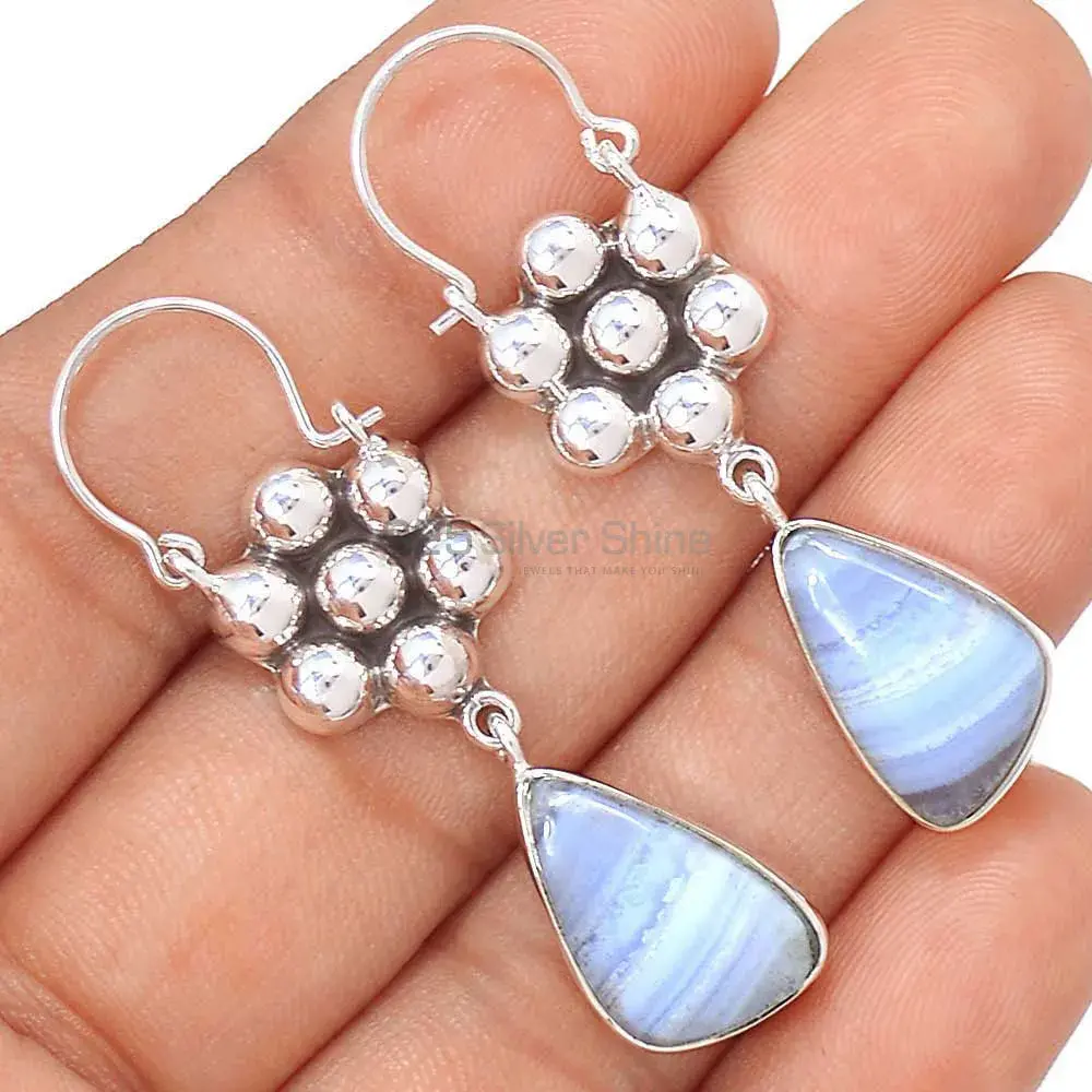 Blue Lace Agate Gemstone Earrings Exporters In 925 Sterling Silver Jewelry 925SE3083_0