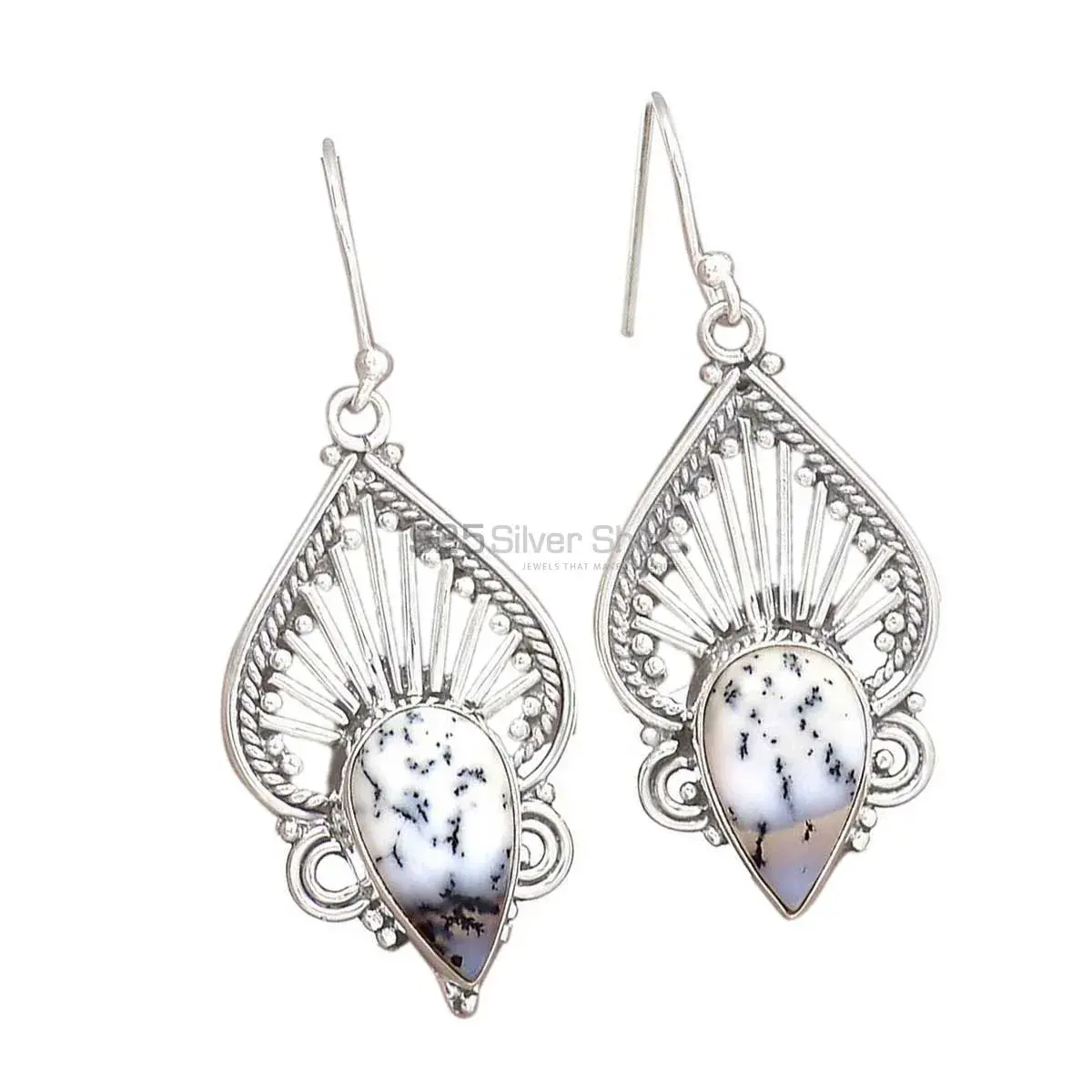 Semi Precious Dendrite Opal Gemstone Earrings In Fine 925 Sterling Silver 925SE2659