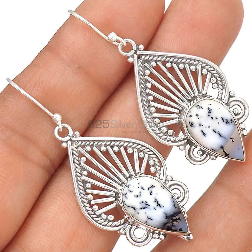 Semi Precious Dendrite Opal Gemstone Earrings In Fine 925 Sterling Silver 925SE2659_1