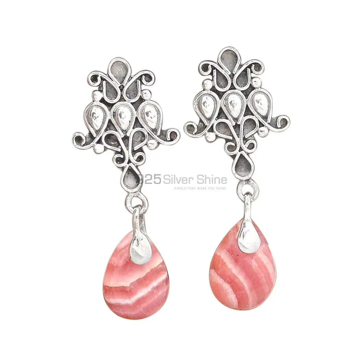 Semi Precious Rhodochrosite Gemstone Earrings In 925 Sterling Silver Jewelry 925SE2057_0