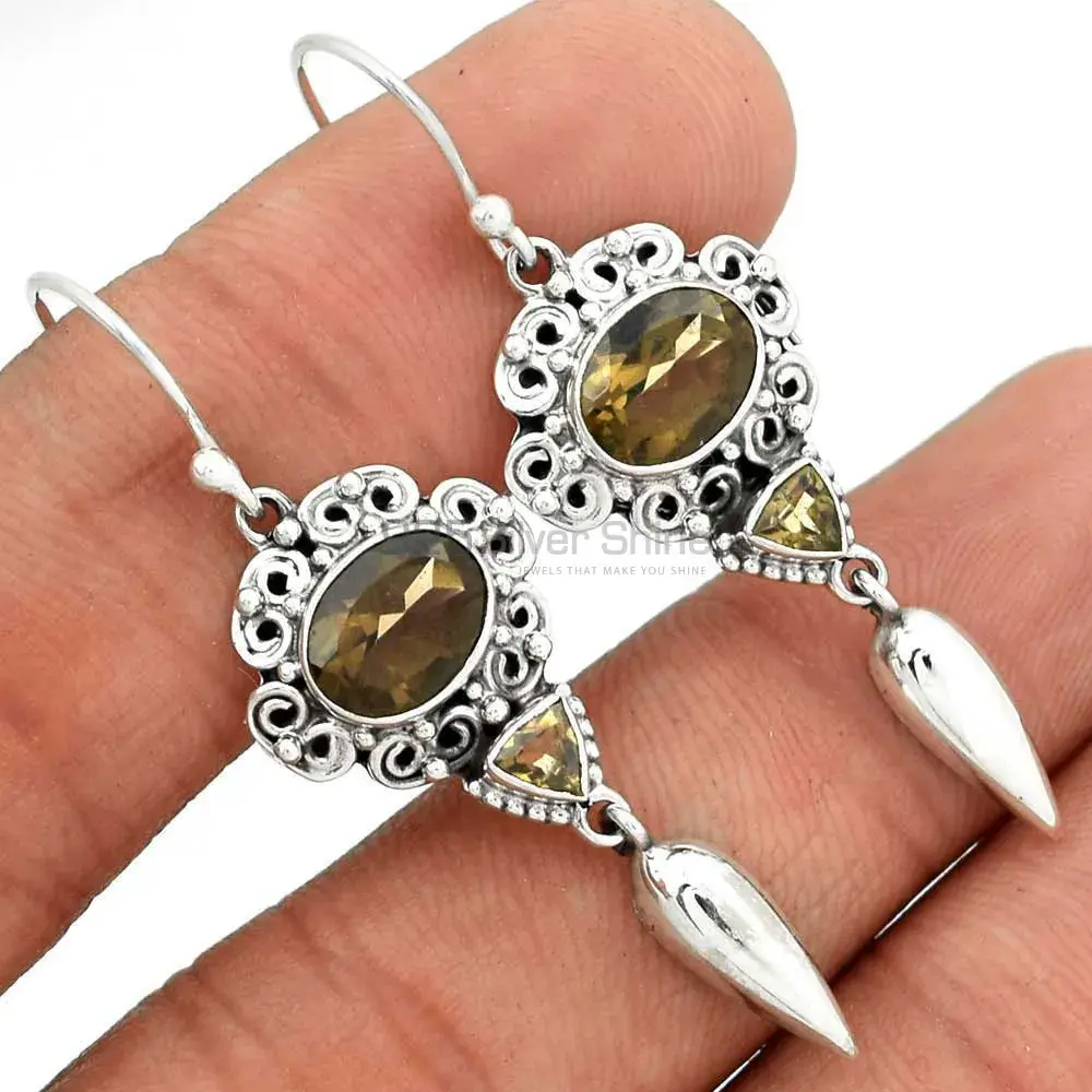 Semi Precious Smoky Quartz Gemstone Earrings In 925 Sterling Silver Jewelry 925SE2449_0