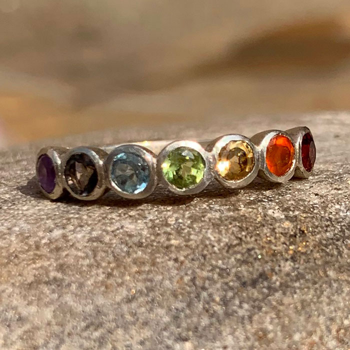 Seven Chakra Gemstone Ring In Sterling Silver For Yoga SSR199