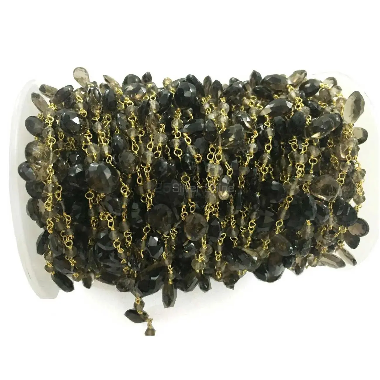 Smoky Quartz Gemstone Rosary Chain. "Wire Wrapped 1 Feet Roll Chain" 925RC227