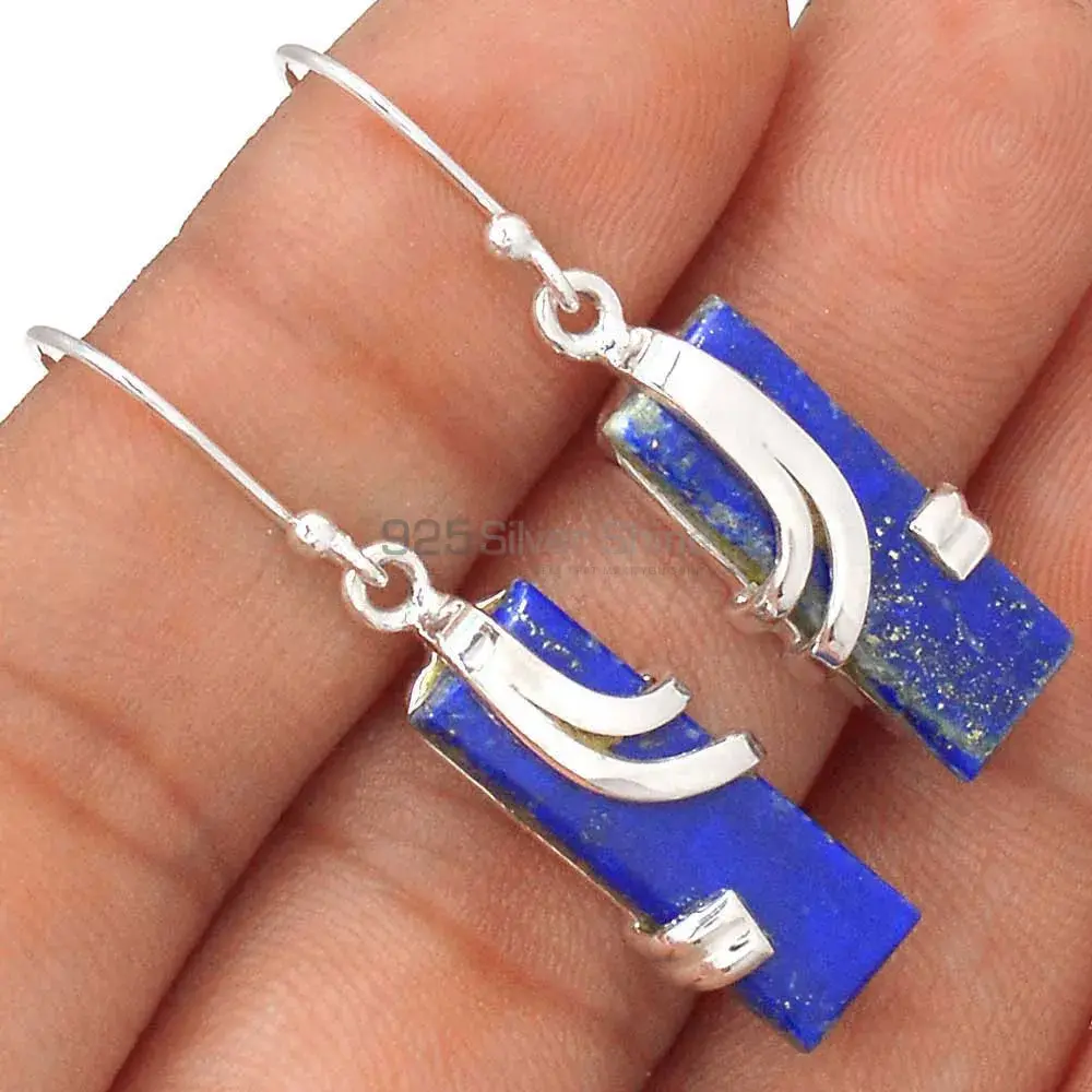 Solid 925 Silver Earrings In Genuine Lapis Gemstone 925SE2098_0