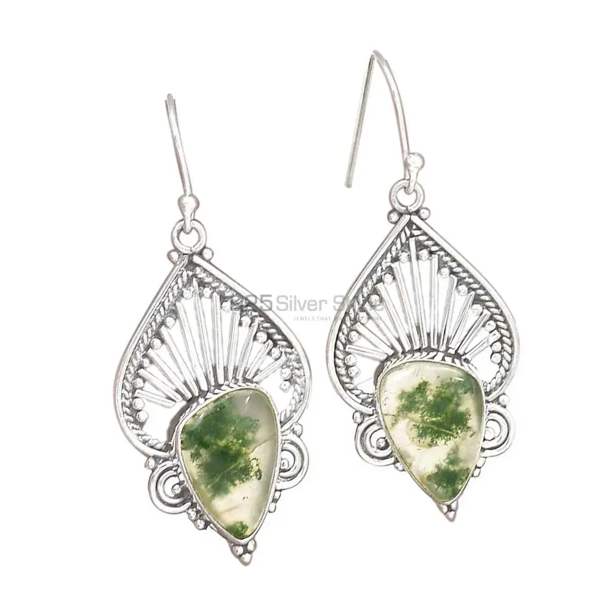 Solid 925 Silver Earrings In Genuine Moos Agate Gemstone 925SE2648