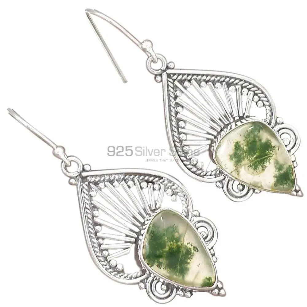 Solid 925 Silver Earrings In Genuine Moos Agate Gemstone 925SE2648_1