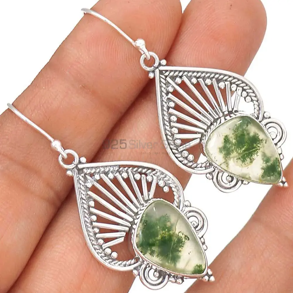 Solid 925 Silver Earrings In Genuine Moos Agate Gemstone 925SE2648_1