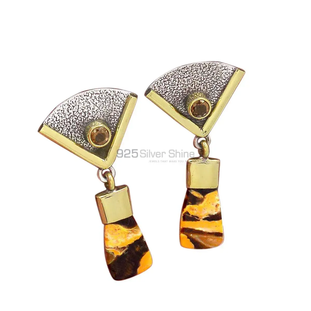 Solid 925 Silver Earrings In Genuine Peanut Jasper & Citrine Gemstone 925SE3048