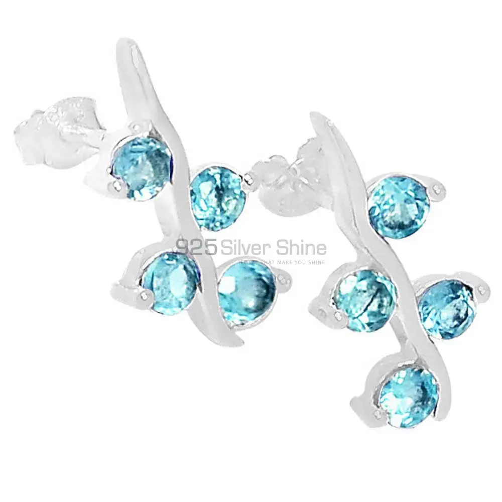 Solid 925 Silver Earrings In Natural Blue Topaz Gemstone 925SE618