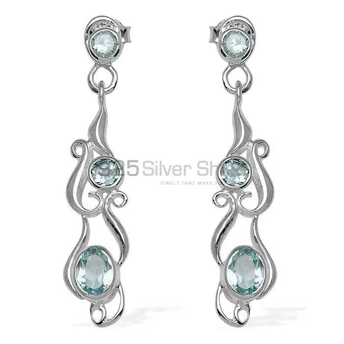 Solid 925 Silver Earrings In Natural Blue Topaz Gemstone 925SE776