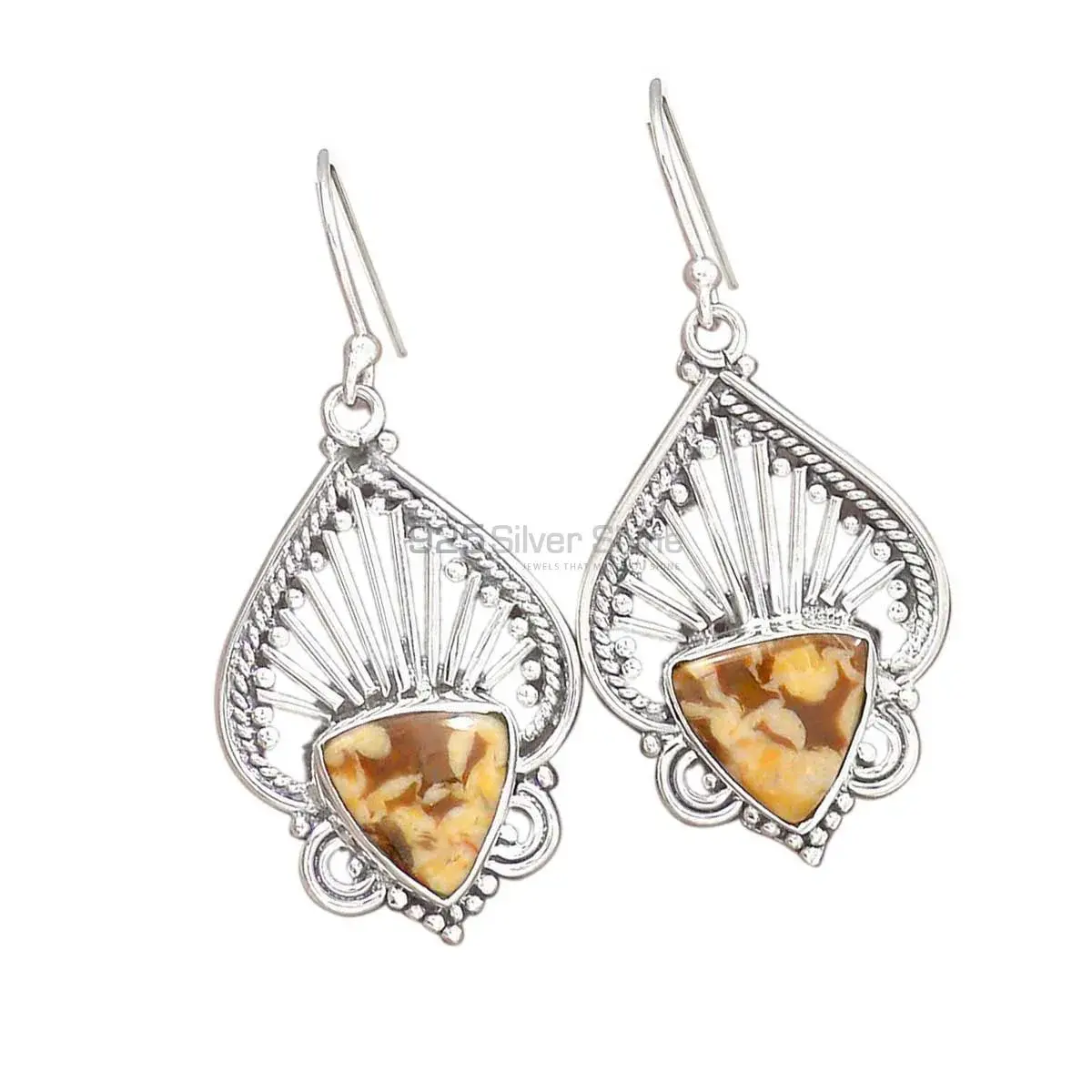 Solid 925 Silver Earrings In Semi Precious Wood Jasper Gemstone 925SE2647_0