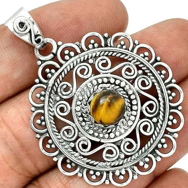 Solid Sterling Silver Pendants In Tiger's Eye Gemstone Jewelry 925SP19-3_1