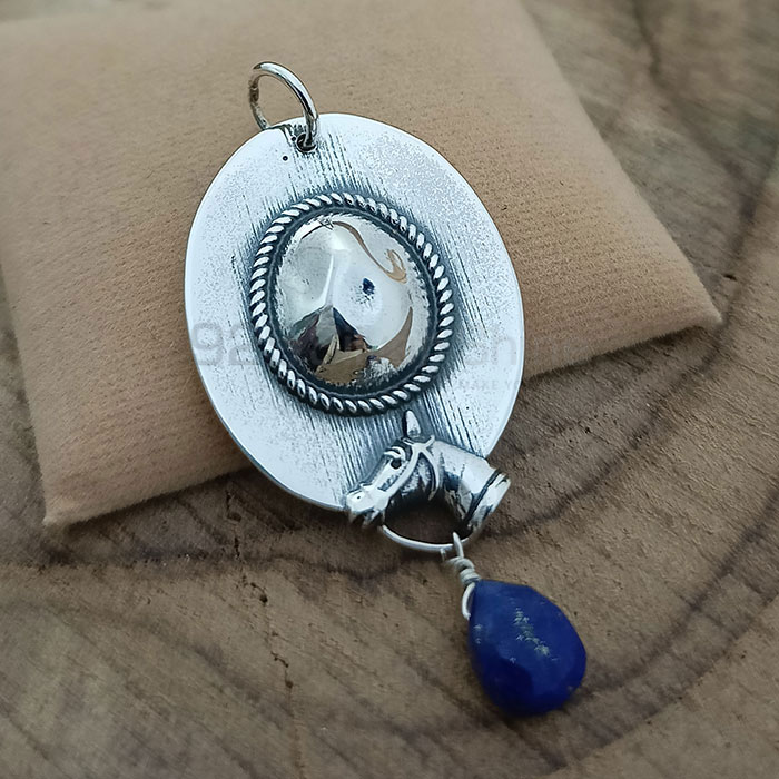 Sterling Silver Horse With Cap Design Pendant In Lapis Drop Beads 925NSP23_2