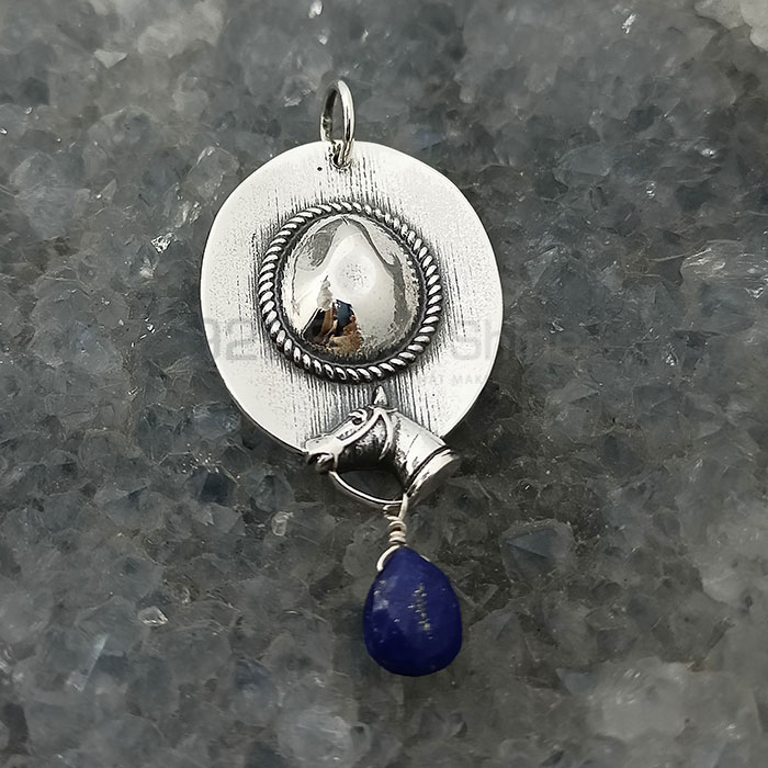 Sterling Silver Horse With Cap Design Pendant In Lapis Drop Beads 925NSP23_4