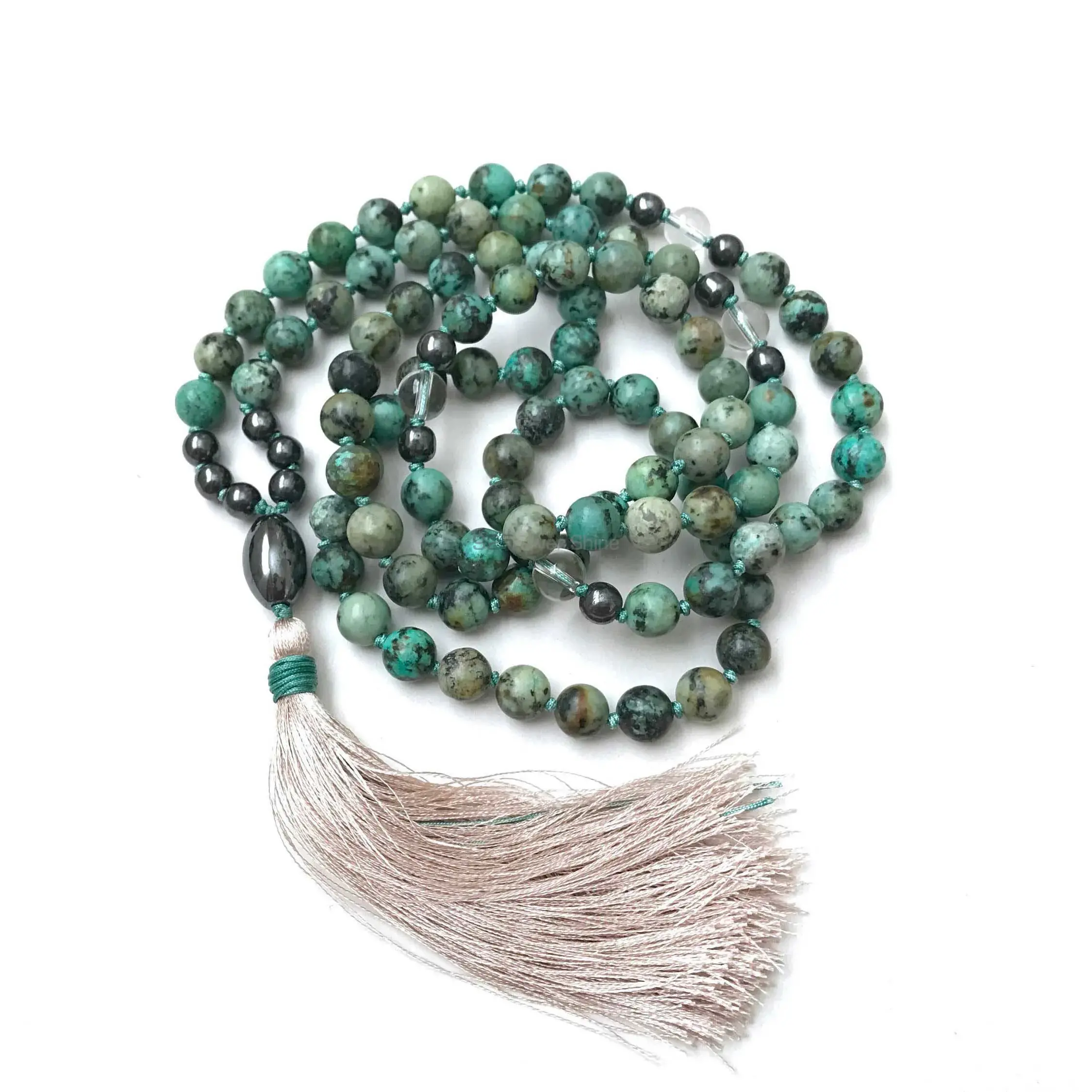 Tassel Mala African Turquoise Gemstone Beads Necklace 925MBC133