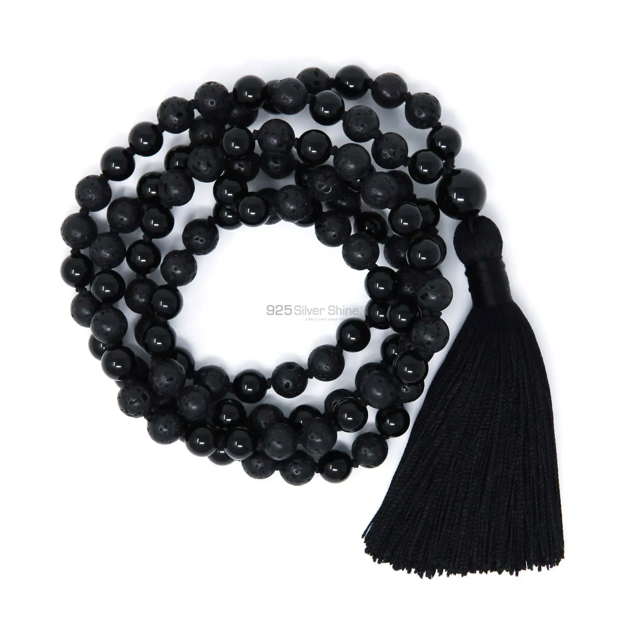 Tassel Mala Black Onyx-Lava Yoga Beaded Necklace 925MBC114