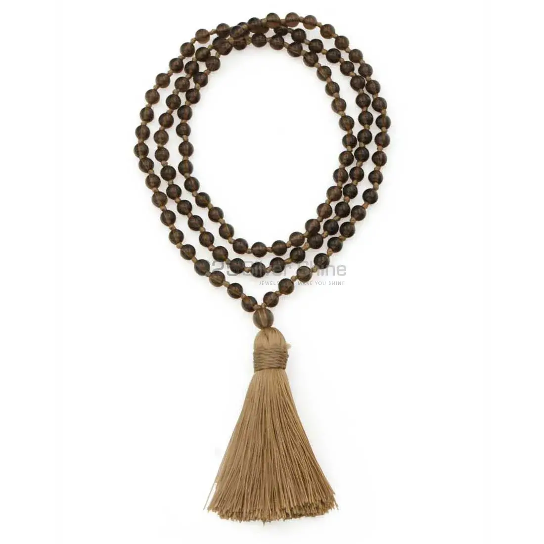 Tassel Mala Smoky Quartz Knotted Yoga Beaded Necklace 925MBC124