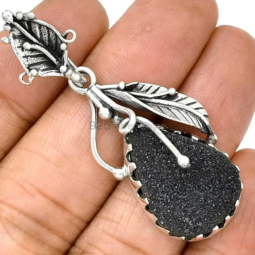 Top Quality Black Druzy Gemstone Handmade Pendants In 925 Sterling Silver Jewelry 925SP082-3_0