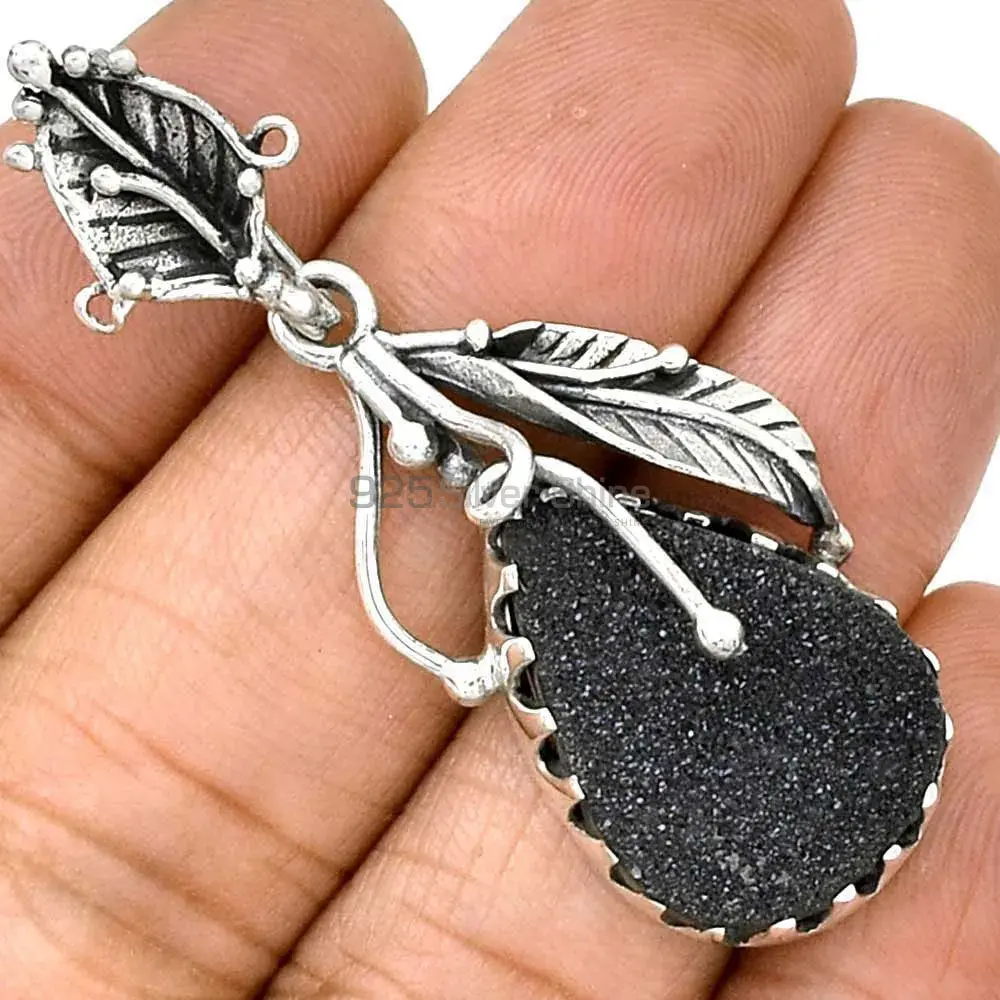 Black Druzy Gemstone Handmade Pendants In 925 Sterling Silver Jewelry 925SP082-3_1