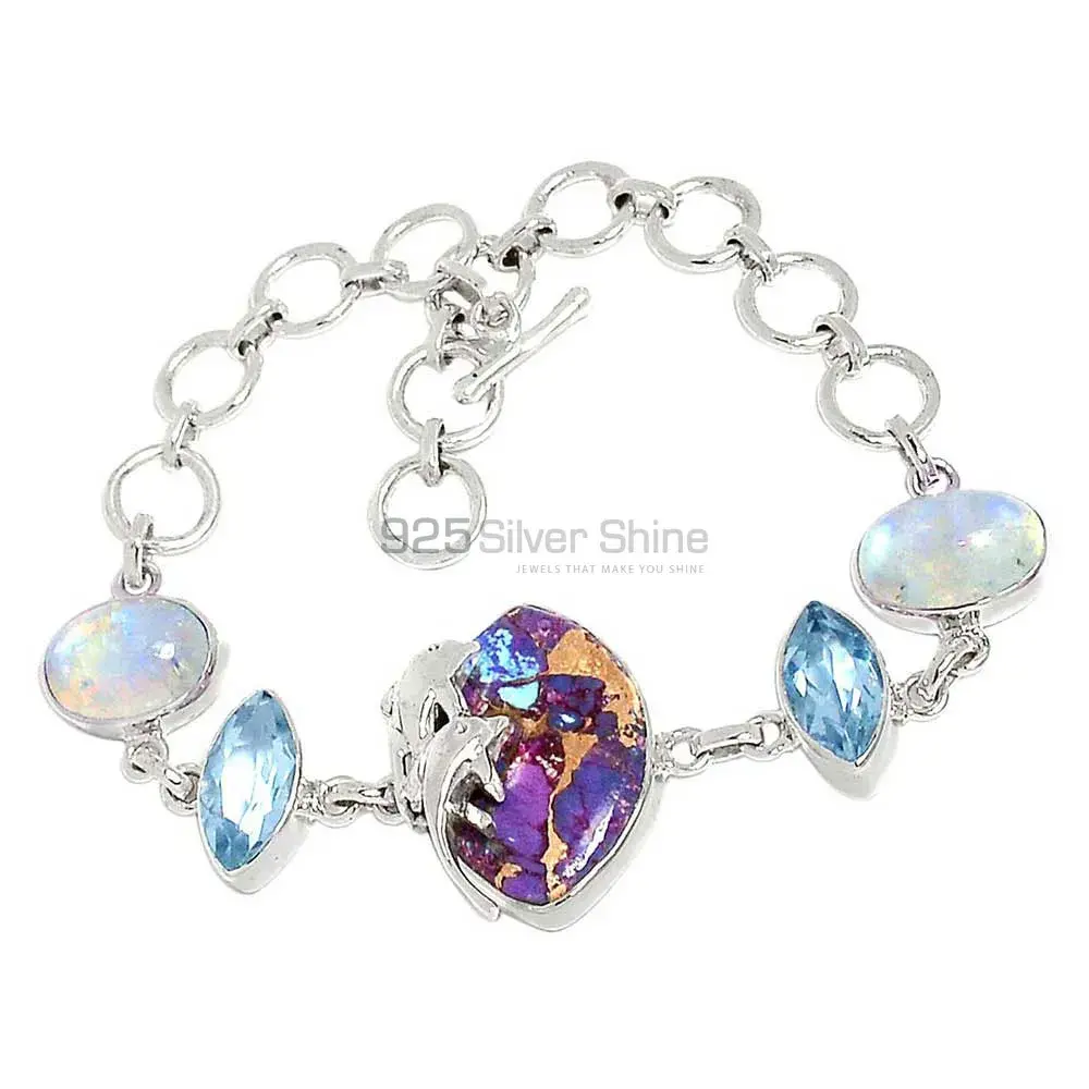 925 Sterling Silver Bracelets In Purple Copper Turquoise-Rainbow Moonstone Blue Topaz Gemstone 925SB302-2