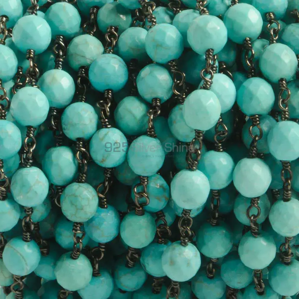 Turquoise Gemstone Faceted Round Rosary Chain. "Wire Wrapped 1 Feet Roll Chain" 925RC240_1
