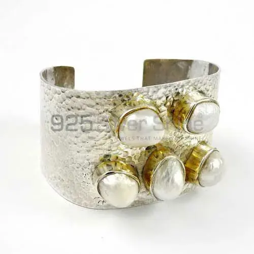 Two Tone 925 Silver Cuff Bangle In Pearl Gemstone Jewelry 925SSB285