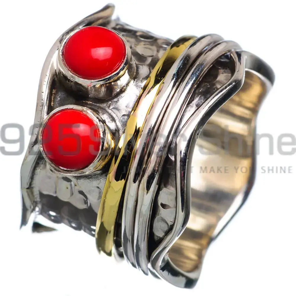 Two Tone Sterling Silver Spinner Rings With Coral Gemstone Jewelry SMR136