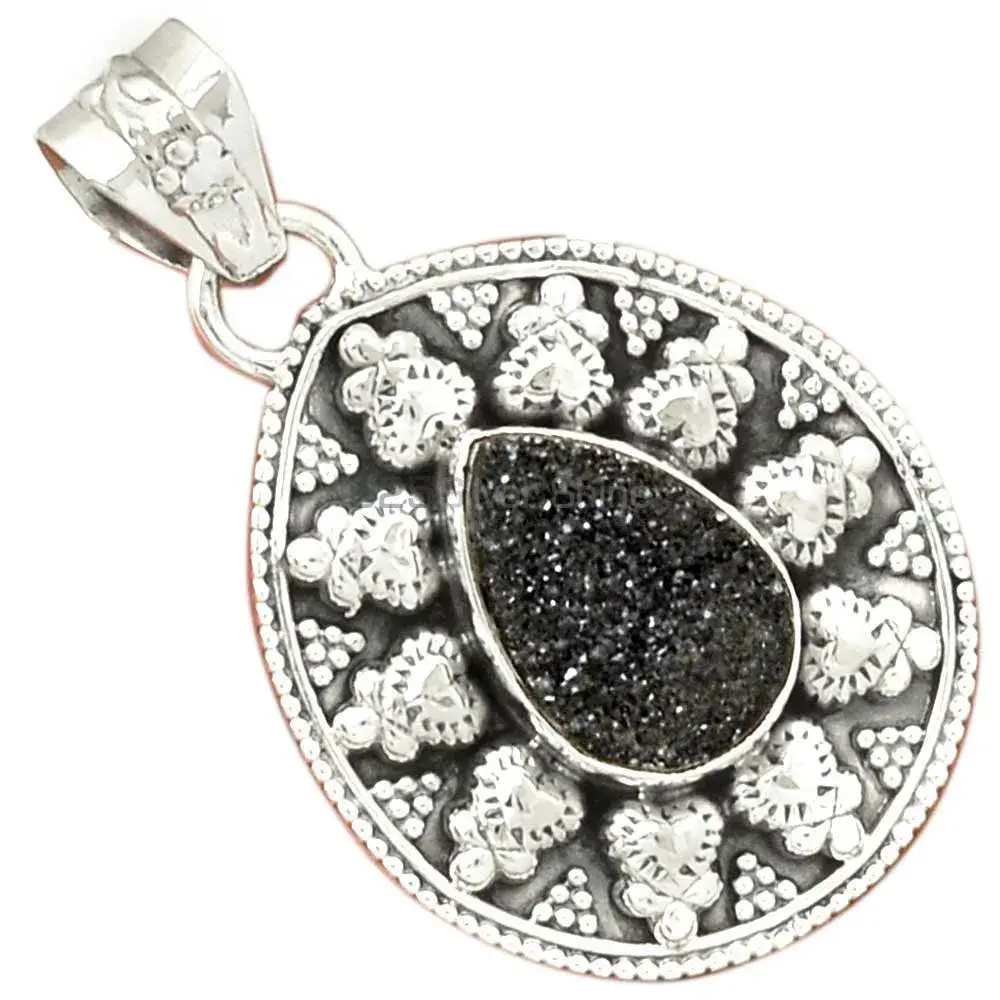 Wholesale 925 Sterling Silver Handmade Pendants In Black Druzy Gemstone Jewelry 925SP073-5