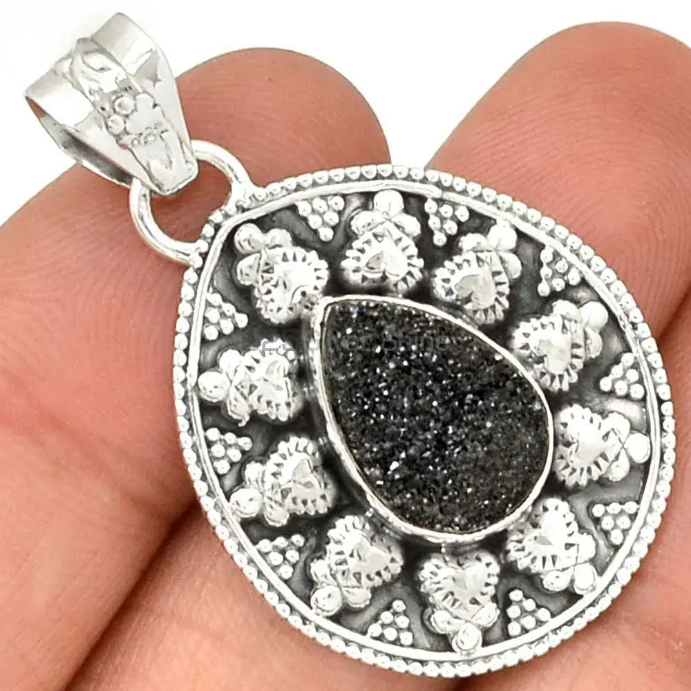 Wholesale 925 Sterling Silver Handmade Pendants In Black Druzy Gemstone Jewelry 925SP073-5_0