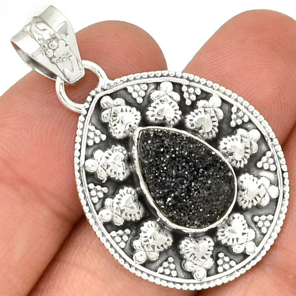 925 Sterling Silver Handmade Pendants In Black Druzy Gemstone Jewelry 925SP073-5_1