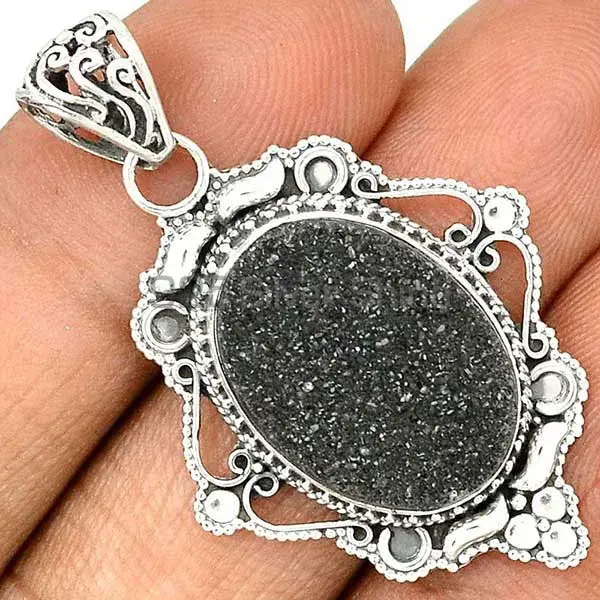 Wholesale Black Aura Druzy Gemstone Handmade Pendants In Solid Sterling Silver Jewelry 925SP41-1_0
