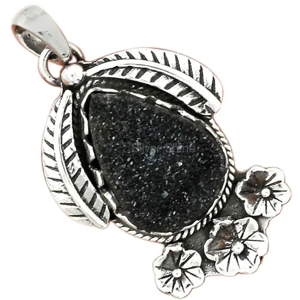 Wholesale Black Druzy Gemstone Handmade Pendants In Solid Sterling Silver Jewelry 925SP54-5