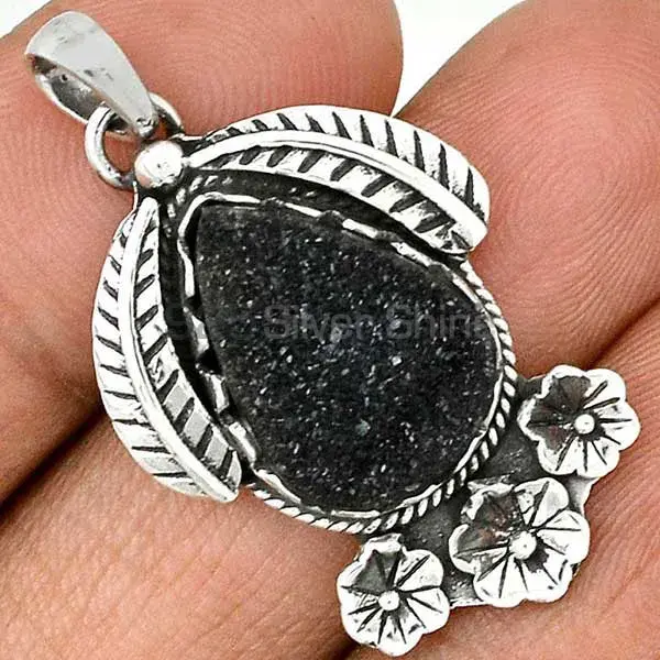 Wholesale Black Druzy Gemstone Handmade Pendants In Solid Sterling Silver Jewelry 925SP54-5_0