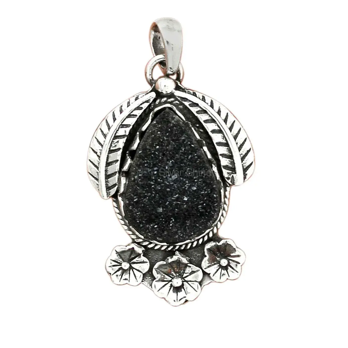 Black Druzy Gemstone Handmade Pendants In Solid Sterling Silver Jewelry 925SP54-5_3