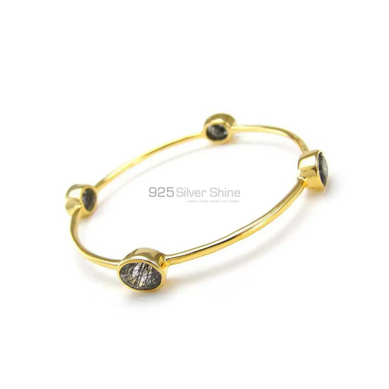 Wholesale Black Rutile Gemstone Gold Plated Bracelet In Sterling Silver Jewelry 925SSB73_0