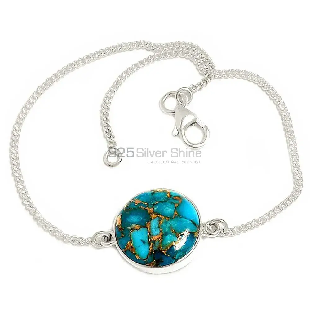 Solid Sterling Silver Handmade Bracelets In Copper Turquoise Gemstone Jewelry 925SB303-1