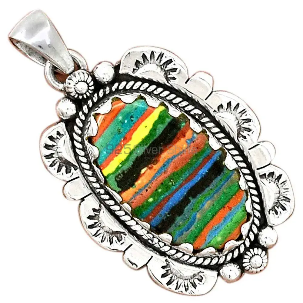 Solid Sterling Silver Handmade Pendants In Rainbow Calsilica Gemstone Jewelry 925SP086-6_0