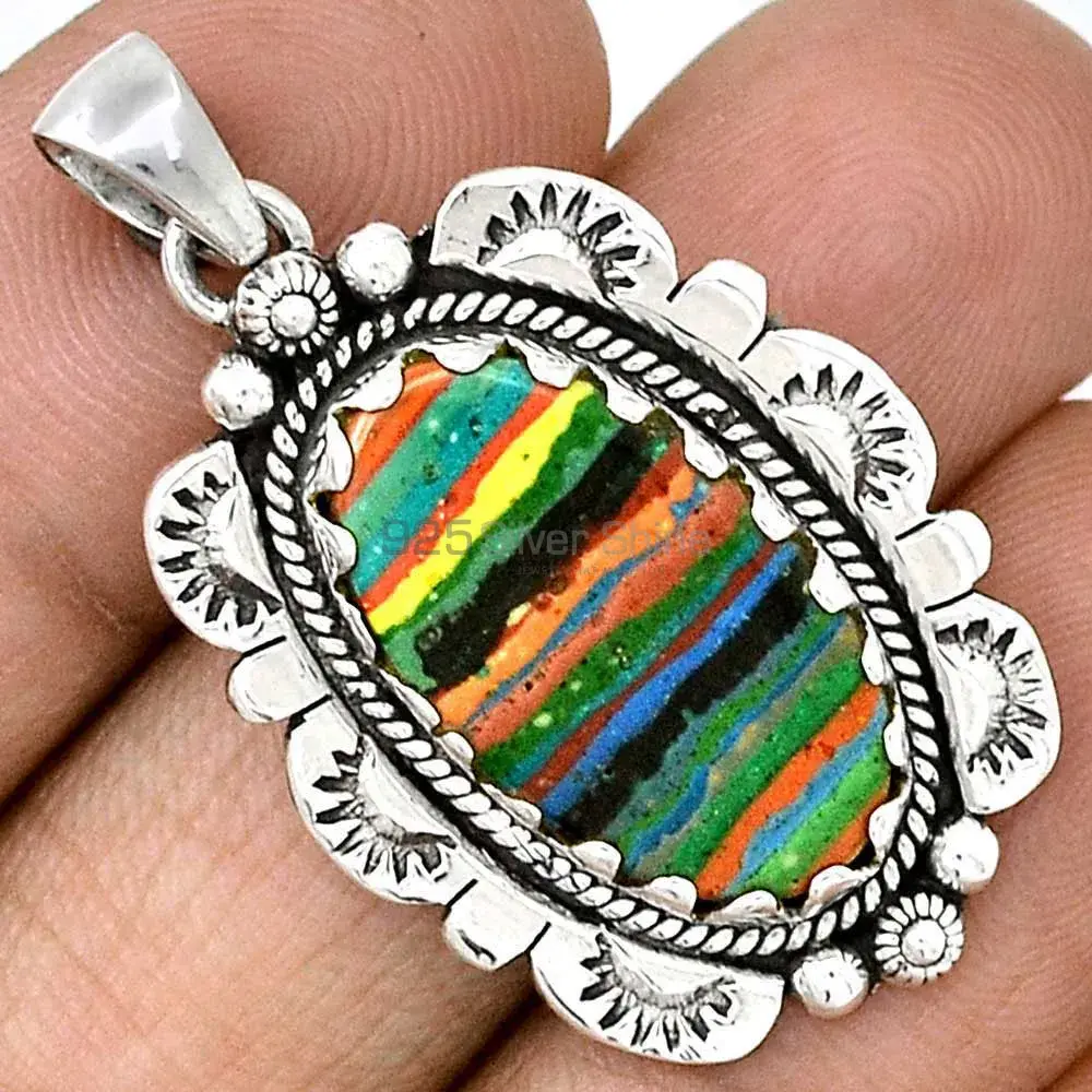 Solid Sterling Silver Handmade Pendants In Rainbow Calsilica Gemstone Jewelry 925SP086-6_1