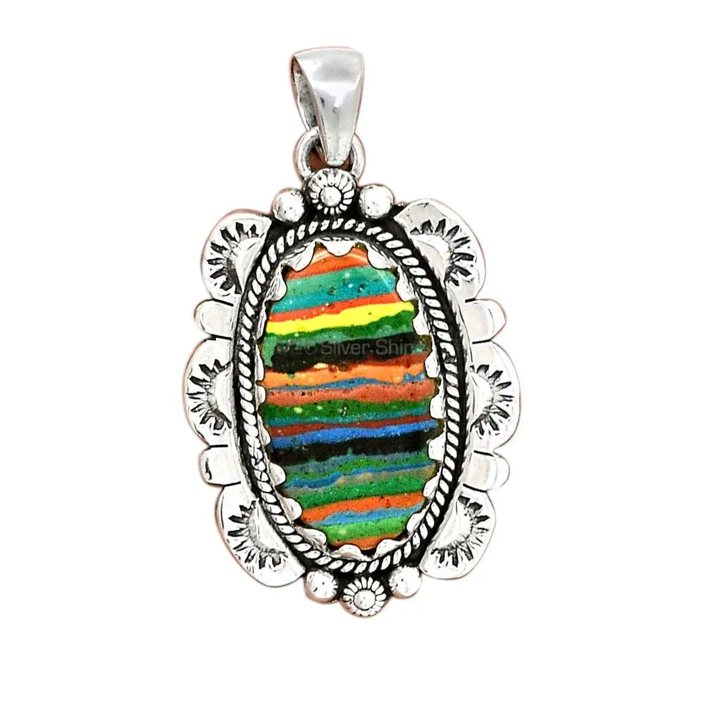 Solid Sterling Silver Handmade Pendants In Rainbow Calsilica Gemstone Jewelry 925SP086-6_2