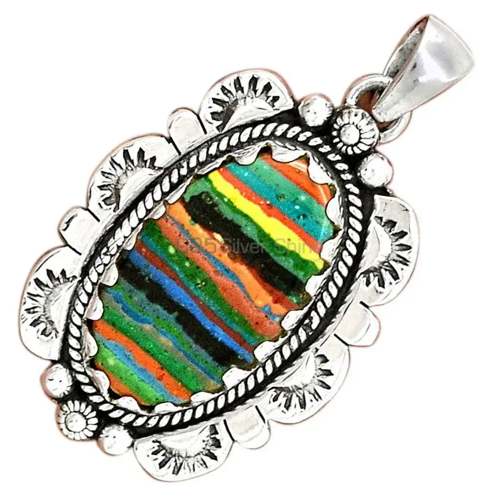 Solid Sterling Silver Handmade Pendants In Rainbow Calsilica Gemstone Jewelry 925SP086-6_3