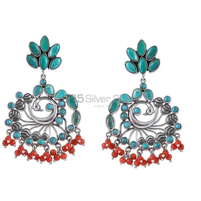Turquoise Gemstone Peacock Earring In Sterling Silver Jewelry 925SE12_1