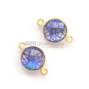 Blue Rutilated Round Gemstone Double Bail Bezel Sterling Silver Gold Vermeil Gemstone Connector 925GC297